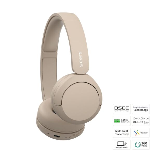 Sony WH-CH520 Wireless Bluetooth Headphones on Ear with Mic, Up to 50Hrs Battery, Quick Charge, DSEE Upscale, Multipoint Connectivity, Voice Assistant, Customized EQ-Beige - Image 6